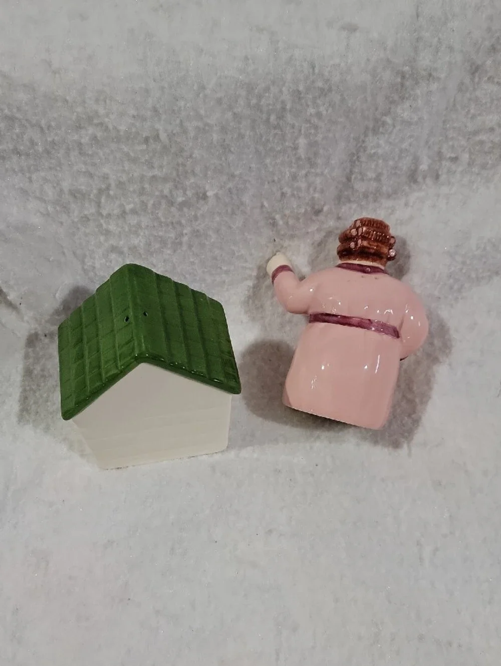 Salt And Pepper Shaker Ceramic Pair - 'In The Doghouse' & Pink Robe Lady
